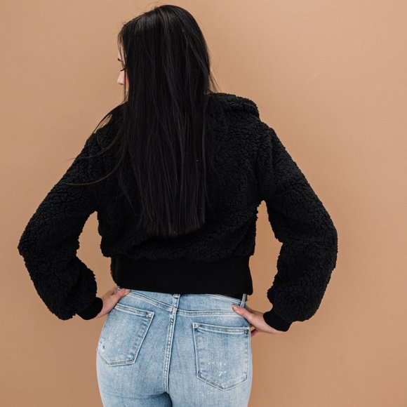 Button Down Ribbed Trim Sherpa Jacket (black) - Picture 2 of 6